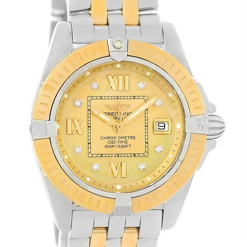 The image shows a front view of the Breitling QUARTZ MOVEMENT Women's Stainless Steel Champagne Dial QUARTZ MOVEMENT Women's Stainless Steel Champagne Dial Cockpit Ladies Steel Yellow Gold Diamond Watch D71356 model, highlighting the dial, bezel, crown, and bracelet.