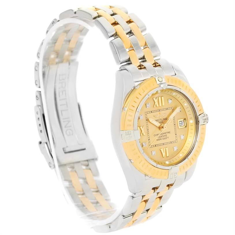 The image shows a Breitling QUARTZ MOVEMENT Women's Stainless Steel Champagne Dial QUARTZ MOVEMENT Women's Stainless Steel Champagne Dial Cockpit Ladies Steel Yellow Gold Diamond Watch D71356, angled slightly to the right, highlighting the bracelet and face.