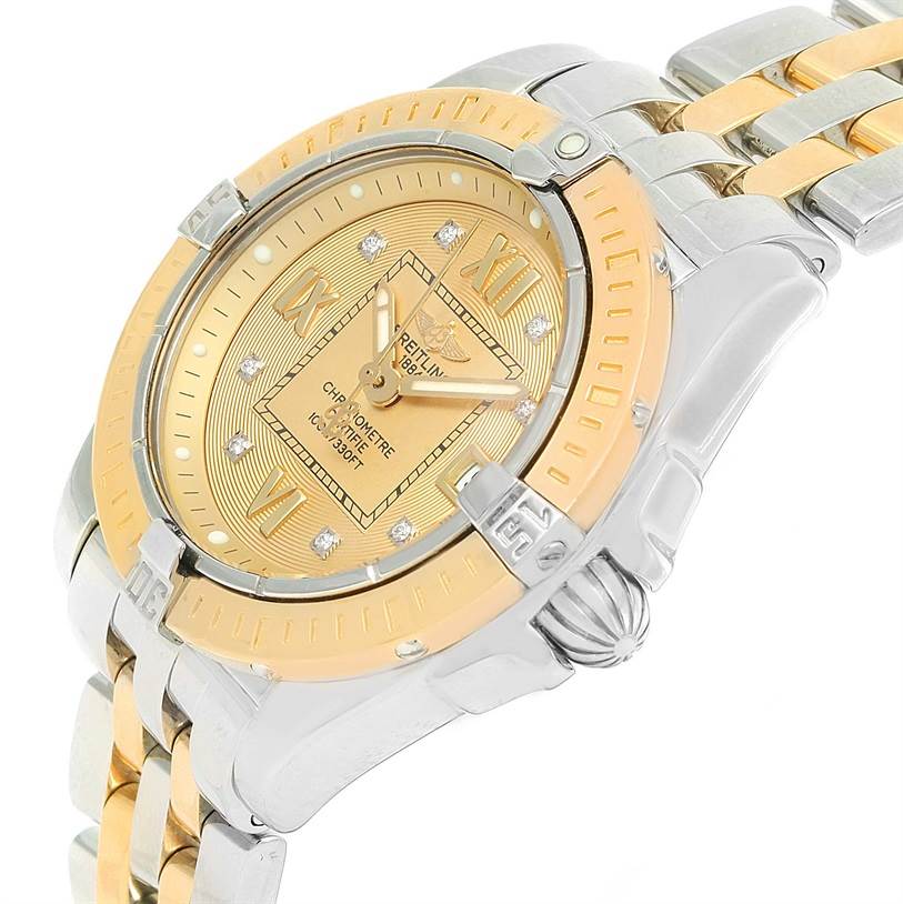 The image shows a side angle view of the Breitling QUARTZ MOVEMENT Women's Stainless Steel Champagne Dial QUARTZ MOVEMENT Women's Stainless Steel Champagne Dial Cockpit Ladies Steel Yellow Gold Diamond Watch D71356 model, highlighting the bezel, dial, and part of the bracelet.
