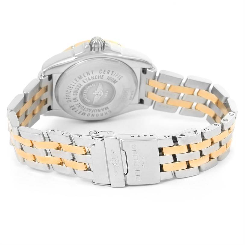The image shows the back and clasp of a Breitling QUARTZ MOVEMENT Women's Stainless Steel Champagne Dial QUARTZ MOVEMENT Women's Stainless Steel Champagne Dial Cockpit Ladies Steel Yellow Gold Diamond Watch D71356, highlighting the steel and gold bracelet.
