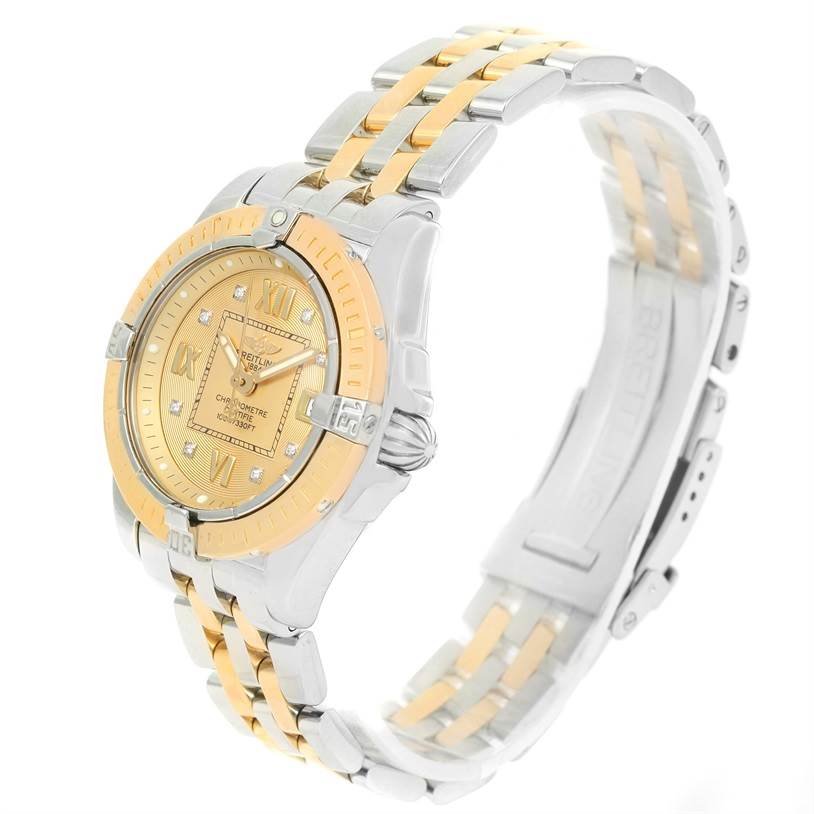 The image shows a side angle of the Breitling QUARTZ MOVEMENT Women's Stainless Steel Champagne Dial QUARTZ MOVEMENT Women's Stainless Steel Champagne Dial Cockpit Ladies Steel Yellow Gold Diamond Watch D71356, highlighting its band and face.