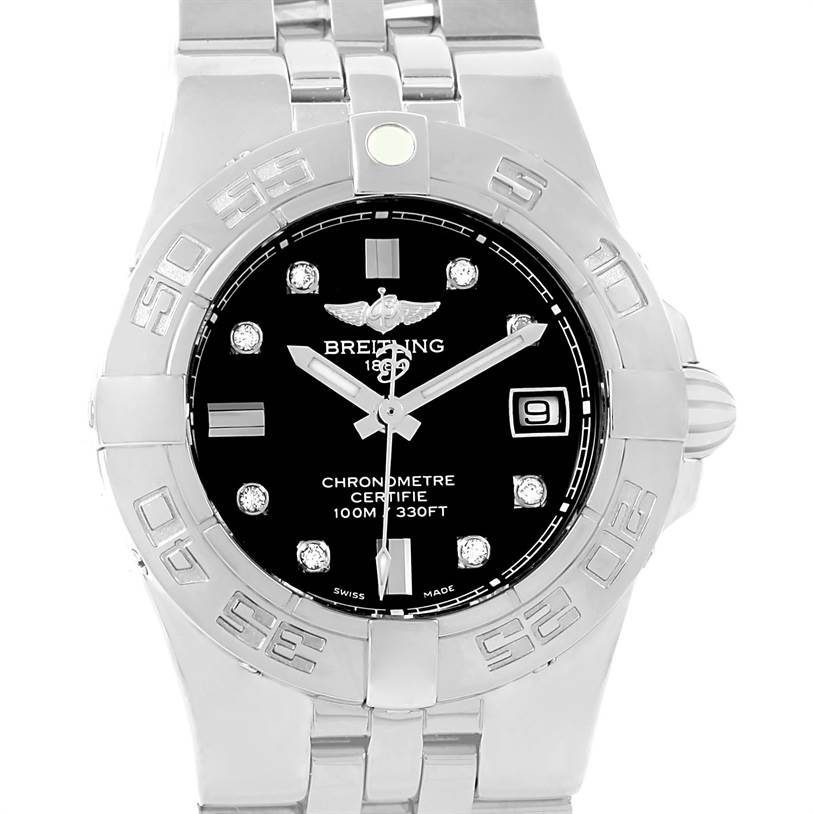 This image shows the front view of a Breitling A71340 Women's Stainless Steel Black Dial A71340 Women's Stainless Steel Black Dial Starliner Black Diamond Dial Ladies Watch A71340 Unworn model, highlighting its face and bezel.
