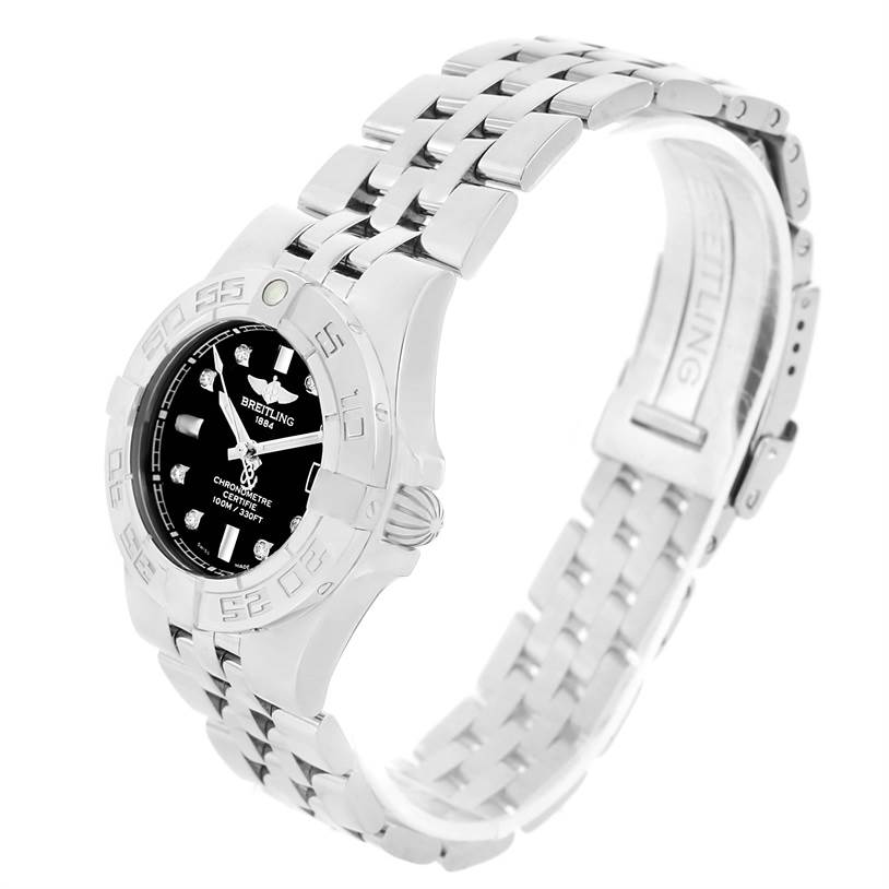 The image shows a side and partial front view of the Breitling A71340 Women's Stainless Steel Black Dial A71340 Women's Stainless Steel Black Dial Starliner Black Diamond Dial Ladies Watch A71340 Unworn model.