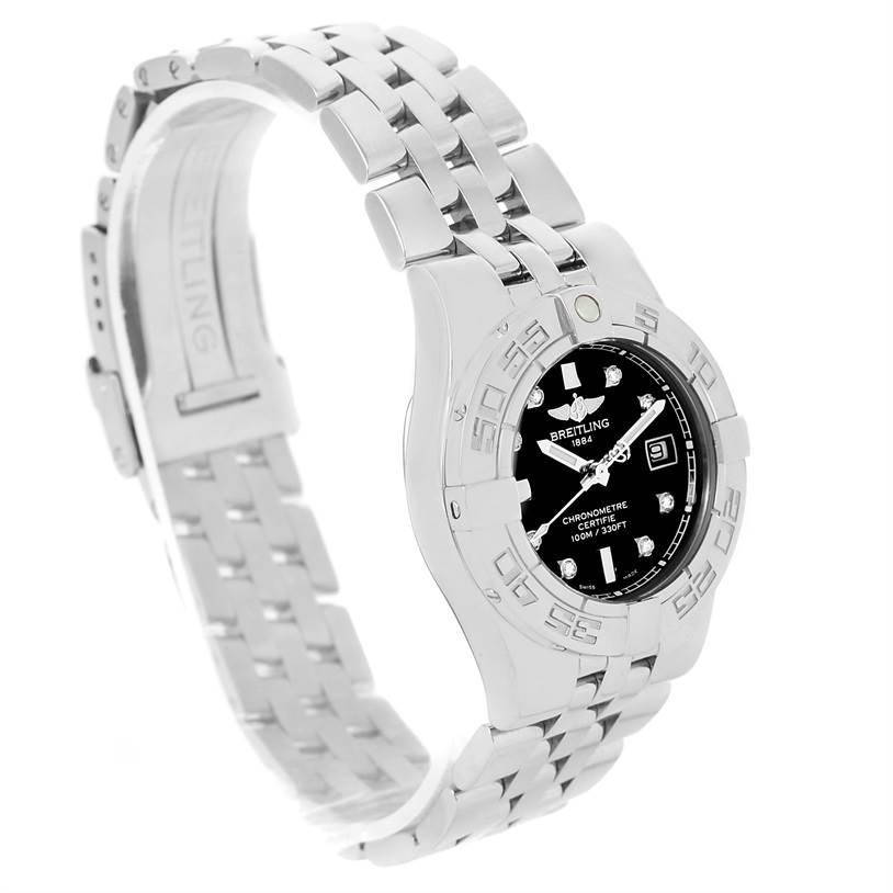 The image shows a Breitling A71340 Women's Stainless Steel Black Dial A71340 Women's Stainless Steel Black Dial Starliner A71340 Ladies Watch from a front-left angled view, displaying its black diamond dial and metal bracelet.