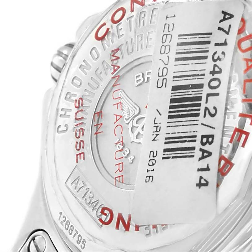 The image shows the back of the Breitling A71340 Women's Stainless Steel Black Dial A71340 Women's Stainless Steel Black Dial Starliner Black Diamond Dial Ladies Watch A71340 Unworn model.