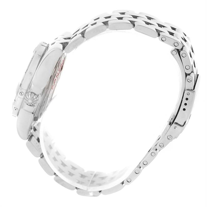 This side view image shows the bracelet and case of the Breitling A71340 Women's Stainless Steel Black Dial A71340 Women's Stainless Steel Black Dial Starliner Black Diamond Dial Ladies Watch A71340 Unworn model.