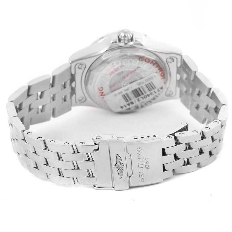 The image shows the back and clasp of the Breitling A71340 Women's Stainless Steel Black Dial A71340 Women's Stainless Steel Black Dial Starliner Black Diamond Dial Ladies Watch A71340 Unworn model.