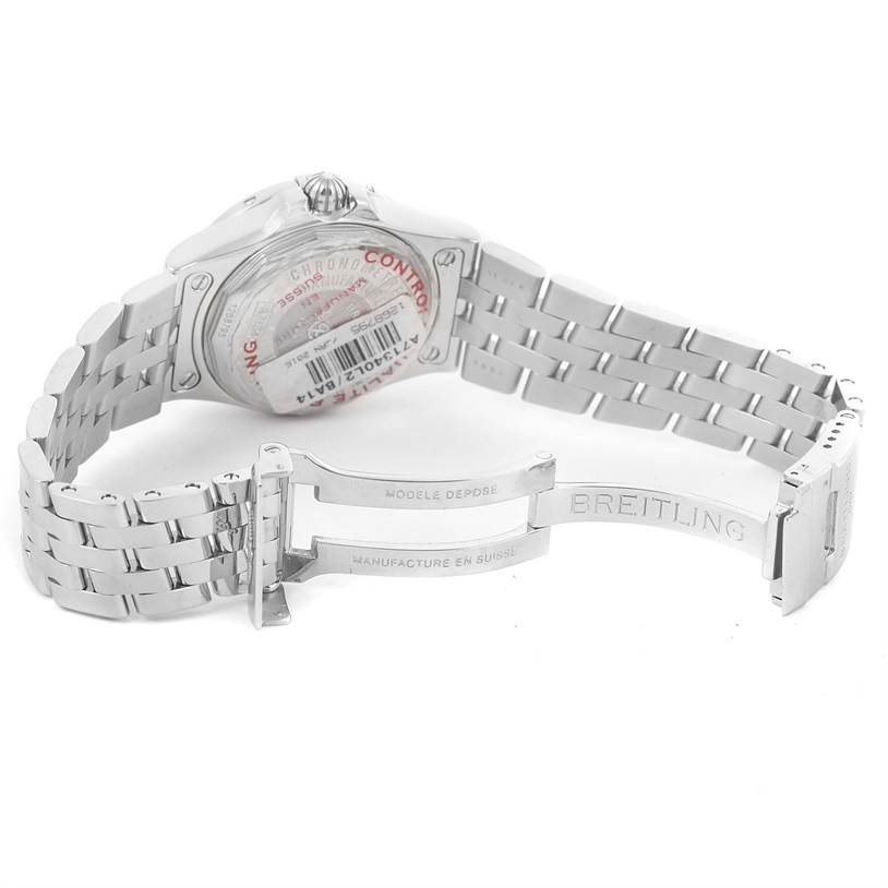 The image shows the back view and bracelet of the Breitling A71340 Women's Stainless Steel Black Dial A71340 Women's Stainless Steel Black Dial Starliner Black Diamond Dial Ladies Watch A71340 Unworn model.