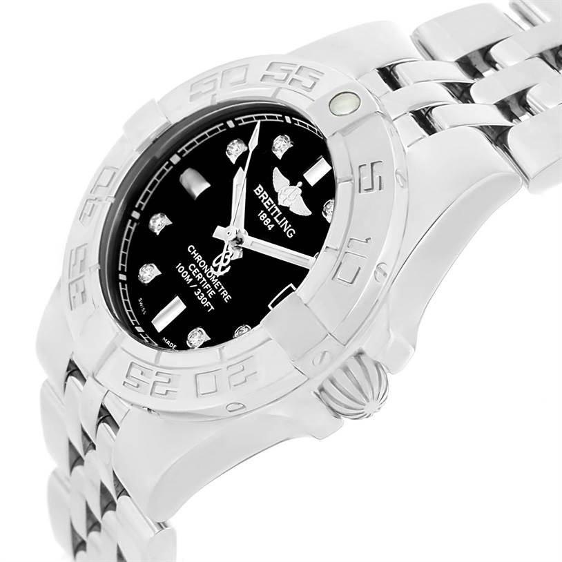 The image shows a close-up angle of the Breitling A71340 Women's Stainless Steel Black Dial A71340 Women's Stainless Steel Black Dial Starliner Black Diamond Dial Ladies Watch A71340, highlighting the dial and part of the bracelet.