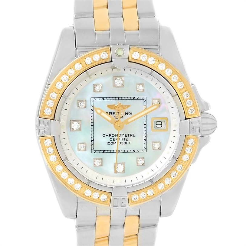 The image shows a front view of the Breitling D71356 Women's Stainless Steel Mother of Pearl Dial D71356 Women's Stainless Steel Mother of Pearl Dial Cockpit Ladies Steel 18K Yellow Gold Diamond Watch D71356, including its bezel, dial, and bracelet.