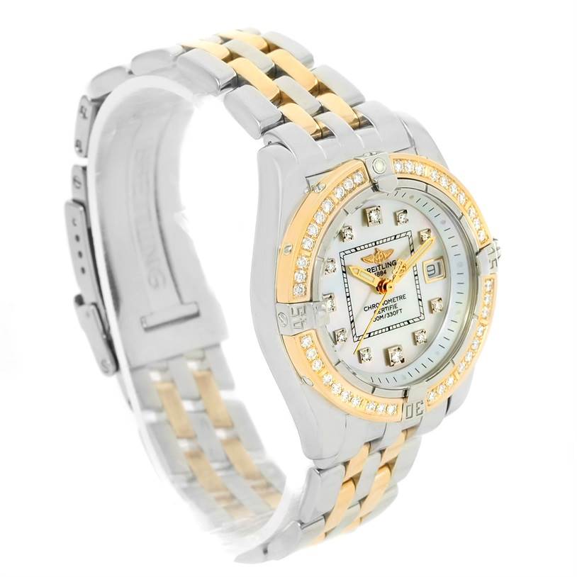 The image shows a Breitling D71356 Women's Stainless Steel Mother of Pearl Dial D71356 Women's Stainless Steel Mother of Pearl Dial Cockpit Ladies Steel 18K Yellow Gold Diamond Watch D71356, angled to display the front dial, band, and clasp.