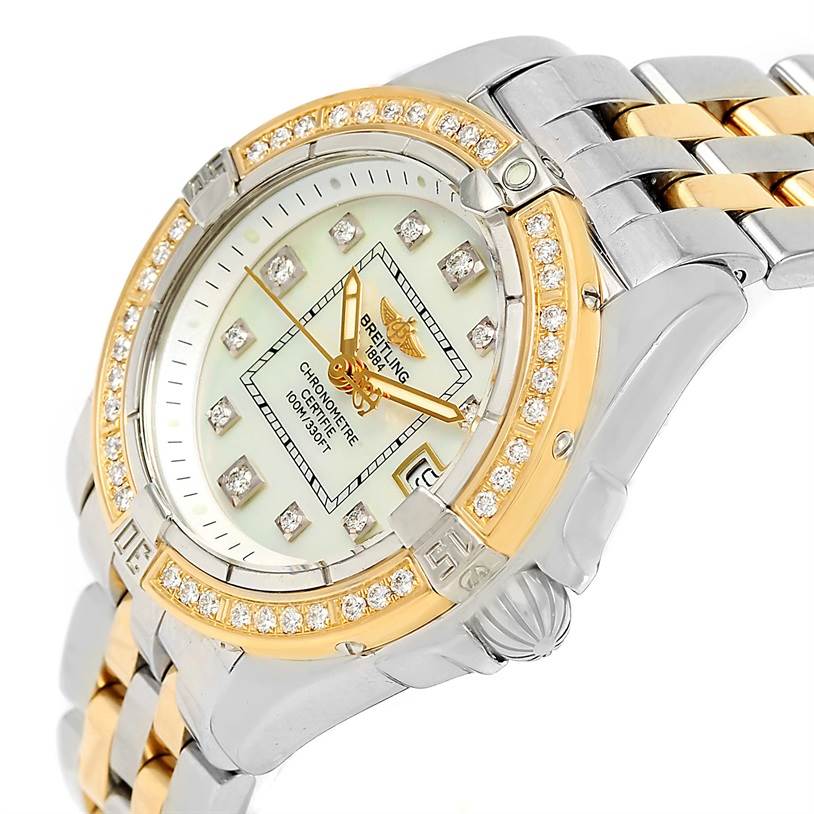 The image shows a Breitling D71356 Women's Stainless Steel Mother of Pearl Dial D71356 Women's Stainless Steel Mother of Pearl Dial Cockpit Ladies Steel 18K Yellow Gold Diamond Watch D71356 model from a three-quarter angle highlighting the face and bracelet.