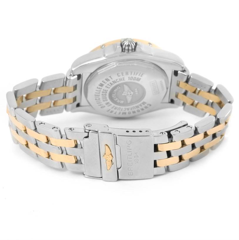 The image shows the back view and clasp of the Breitling D71356 Women's Stainless Steel Mother of Pearl Dial D71356 Women's Stainless Steel Mother of Pearl Dial Cockpit Ladies Steel 18K Yellow Gold Diamond Watch D71356.