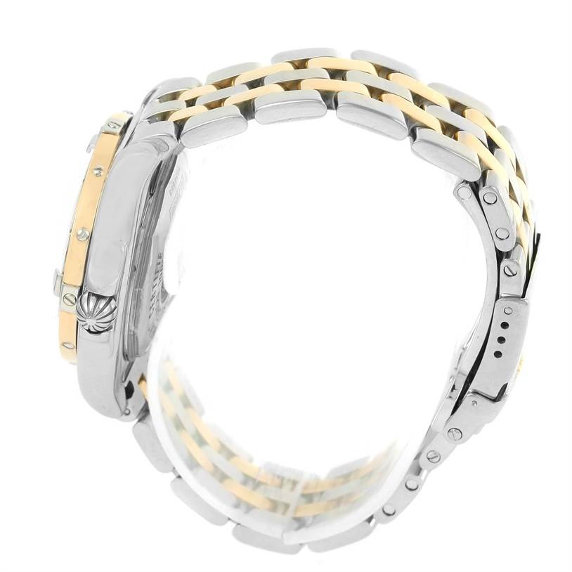 The image shows a side view of the Breitling D71356 Women's Stainless Steel Mother of Pearl Dial D71356 Women's Stainless Steel Mother of Pearl Dial Cockpit Ladies D71356 Steel 18K Yellow Gold Diamond Watch, highlighting the bracelet and clasp.