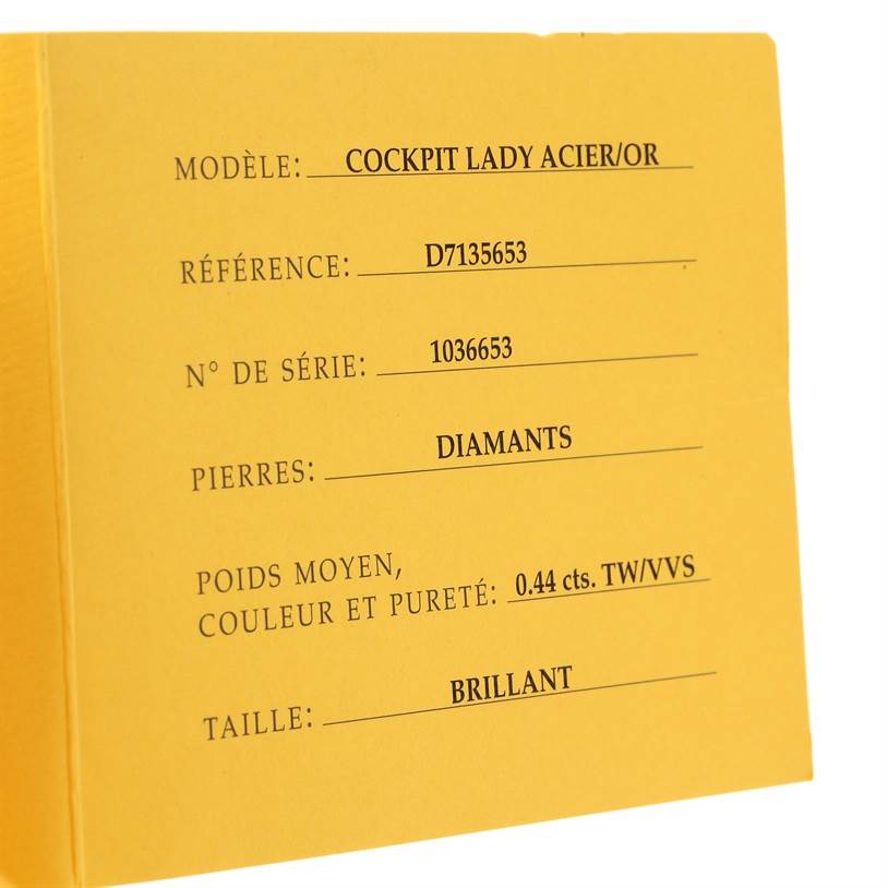 The image shows a close-up of the certificate for the Breitling D71356 Women's Stainless Steel Mother of Pearl Dial D71356 Women's Stainless Steel Mother of Pearl Dial Cockpit Ladies Steel 18K Yellow Gold Diamond Watch D71356 model.