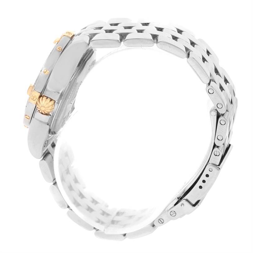 This image shows a side view of the Breitling WATCH Women's Steel and Gold (two tone) Mother of Pearl Dial WATCH Women's Steel and Gold (two tone) Mother of Pearl Dial Starliner Steel Yellow Gold Blue MOP Diamond Watch B71340, highlighting the band and clasp.