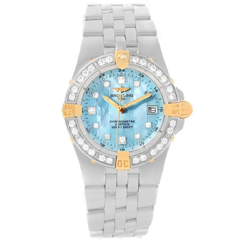 The image shows a front view of the Breitling WATCH Women's Steel and Gold (two tone) Mother of Pearl Dial WATCH Women's Steel and Gold (two tone) Mother of Pearl Dial Starliner Steel Yellow Gold Blue MOP Diamond Watch B71340.
