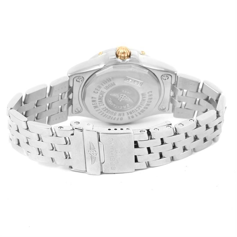 The image shows the back view of the Breitling WATCH Women's Steel and Gold (two tone) Mother of Pearl Dial WATCH Women's Steel and Gold (two tone) Mother of Pearl Dial Starliner Steel Yellow Gold Blue MOP Diamond Watch B71340, focusing on the bracelet and clasp.