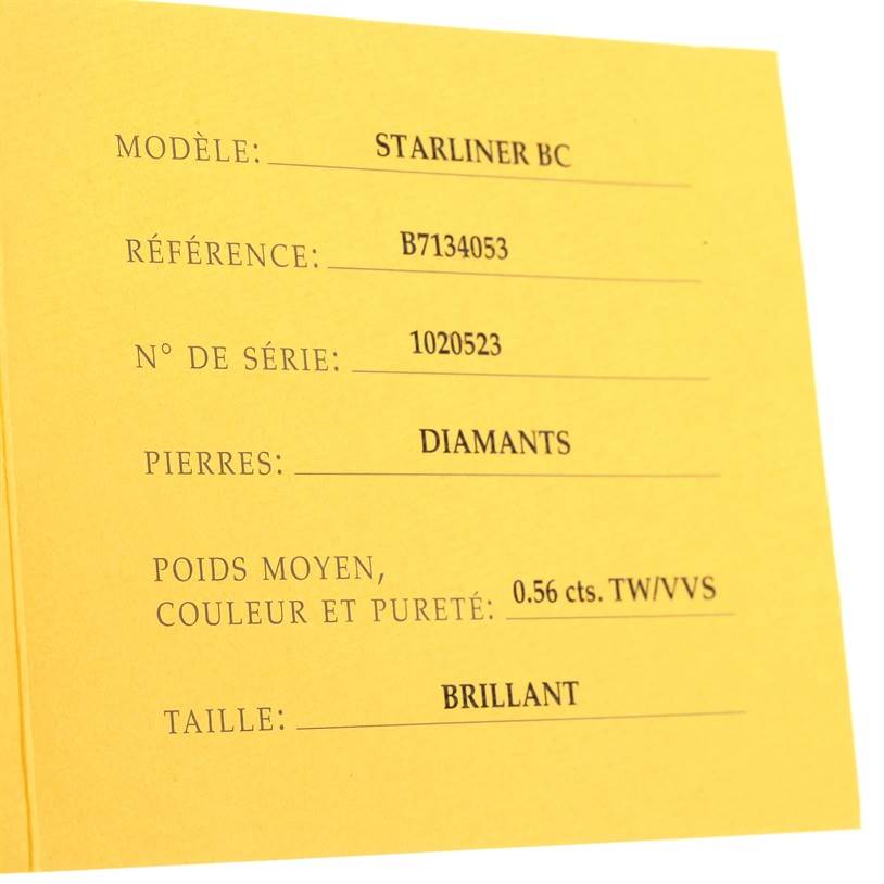 This image shows the certification card of a Breitling WATCH Women's Steel and Gold (two tone) Mother of Pearl Dial WATCH Women's Steel and Gold (two tone) Mother of Pearl Dial Starliner Steel Yellow Gold Blue MOP Diamond Watch B71340, including details like model, reference, and diamond information.