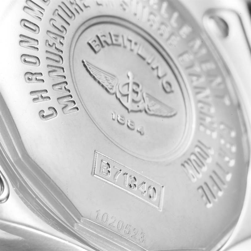 Close-up of the back of a Breitling WATCH Women's Steel and Gold (two tone) Mother of Pearl Dial WATCH Women's Steel and Gold (two tone) Mother of Pearl Dial Starliner Steel Yellow Gold Blue MOP Diamond Watch B71340, showing the model number and engravings.