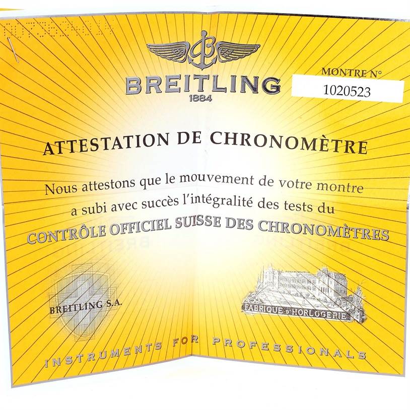 This image shows a certification document for the Breitling WATCH Women's Steel and Gold (two tone) Mother of Pearl Dial WATCH Women's Steel and Gold (two tone) Mother of Pearl Dial Starliner Steel Yellow Gold Blue MOP Diamond Watch B71340 model.