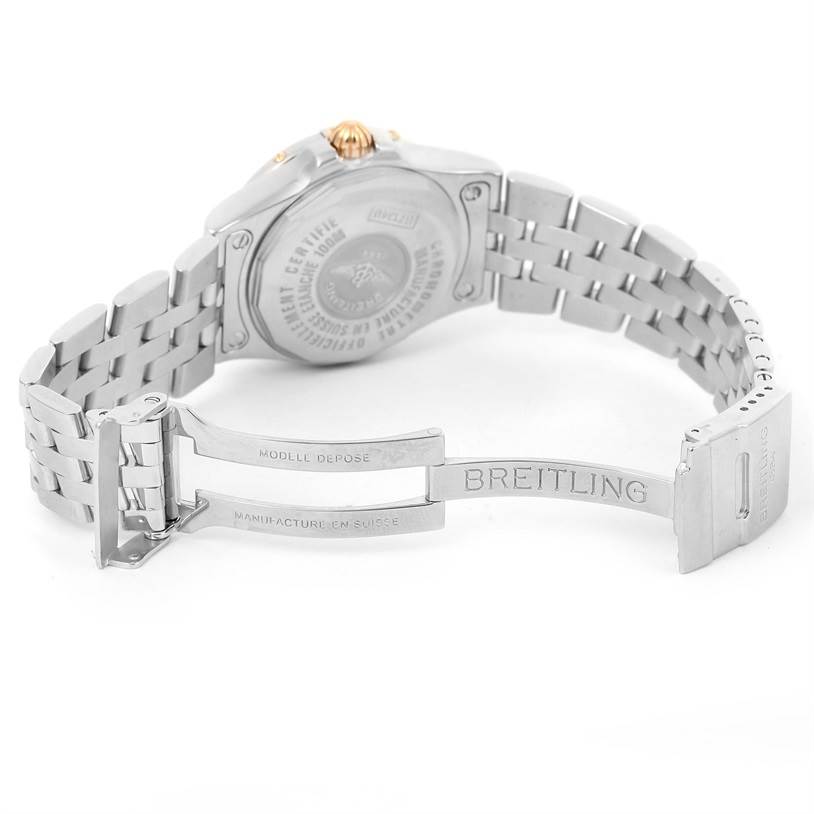 The image shows the back and bracelet clasp of the Breitling WATCH Women's Steel and Gold (two tone) Mother of Pearl Dial WATCH Women's Steel and Gold (two tone) Mother of Pearl Dial Starliner Steel Yellow Gold Blue MOP Diamond Watch B71340.