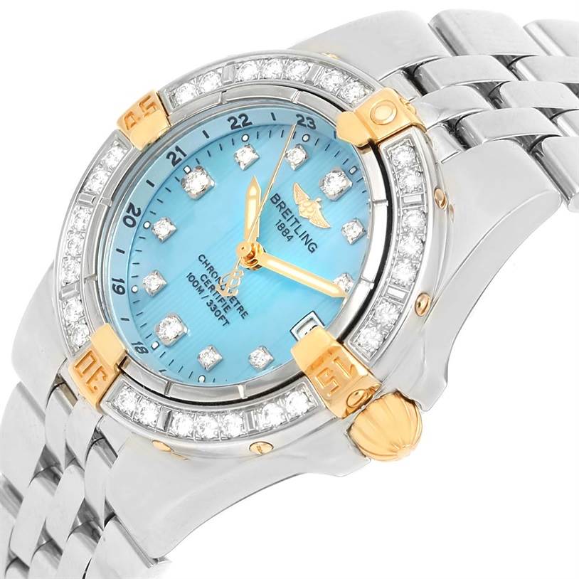The image shows a close-up angled view of the Breitling WATCH Women's Steel and Gold (two tone) Mother of Pearl Dial WATCH Women's Steel and Gold (two tone) Mother of Pearl Dial Starliner Steel Yellow Gold Blue MOP Diamond Watch B71340 model.