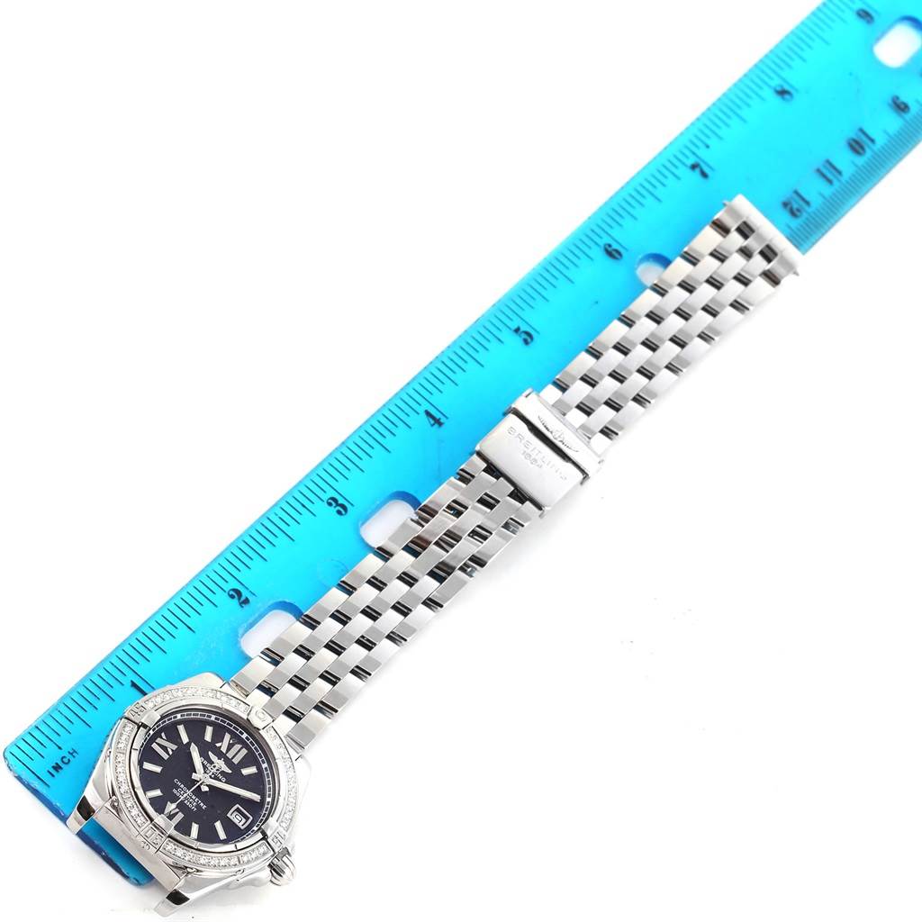 The Breitling A71356 Women's Stainless Steel Black Dial A71356 Women's Stainless Steel Black Dial Cockpit Black Dial Steel Diamond Ladies Watch A71356 model is shown from a top-down angle, displaying the face and part of the bracelet.