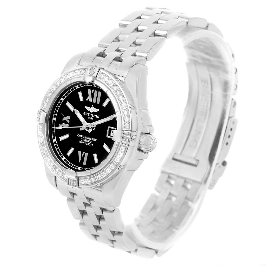 The image shows the front and side angle of the Breitling A71356 Women's Stainless Steel Black Dial A71356 Women's Stainless Steel Black Dial Cockpit Black Dial Steel Diamond Ladies Watch A71356, highlighting the dial, bezel, and bracelet.