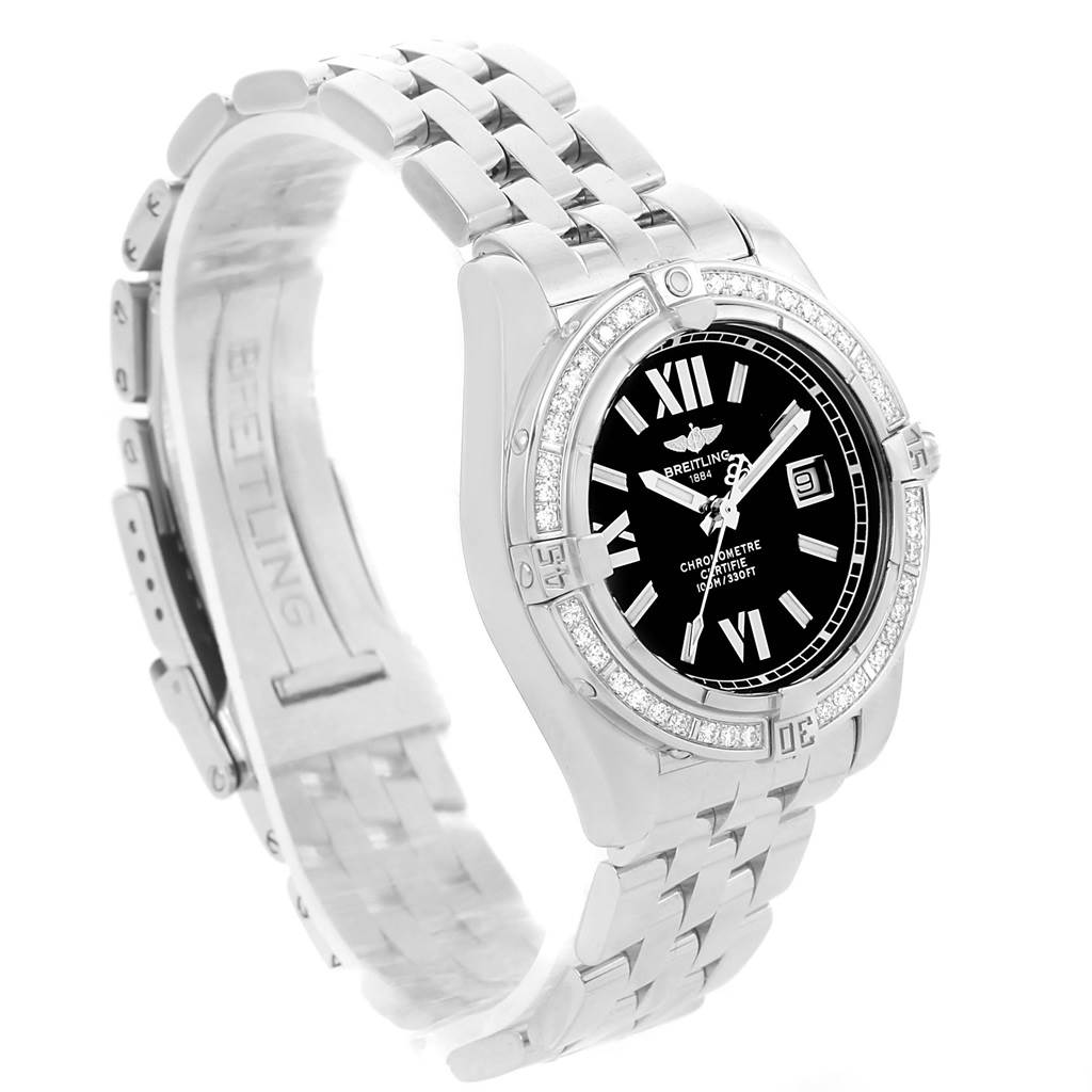 The image shows a Breitling A71356 Women's Stainless Steel Black Dial A71356 Women's Stainless Steel Black Dial Cockpit A71356 ladies watch, featuring a steel bracelet and diamond-encrusted black dial, viewed at a three-quarter angle.