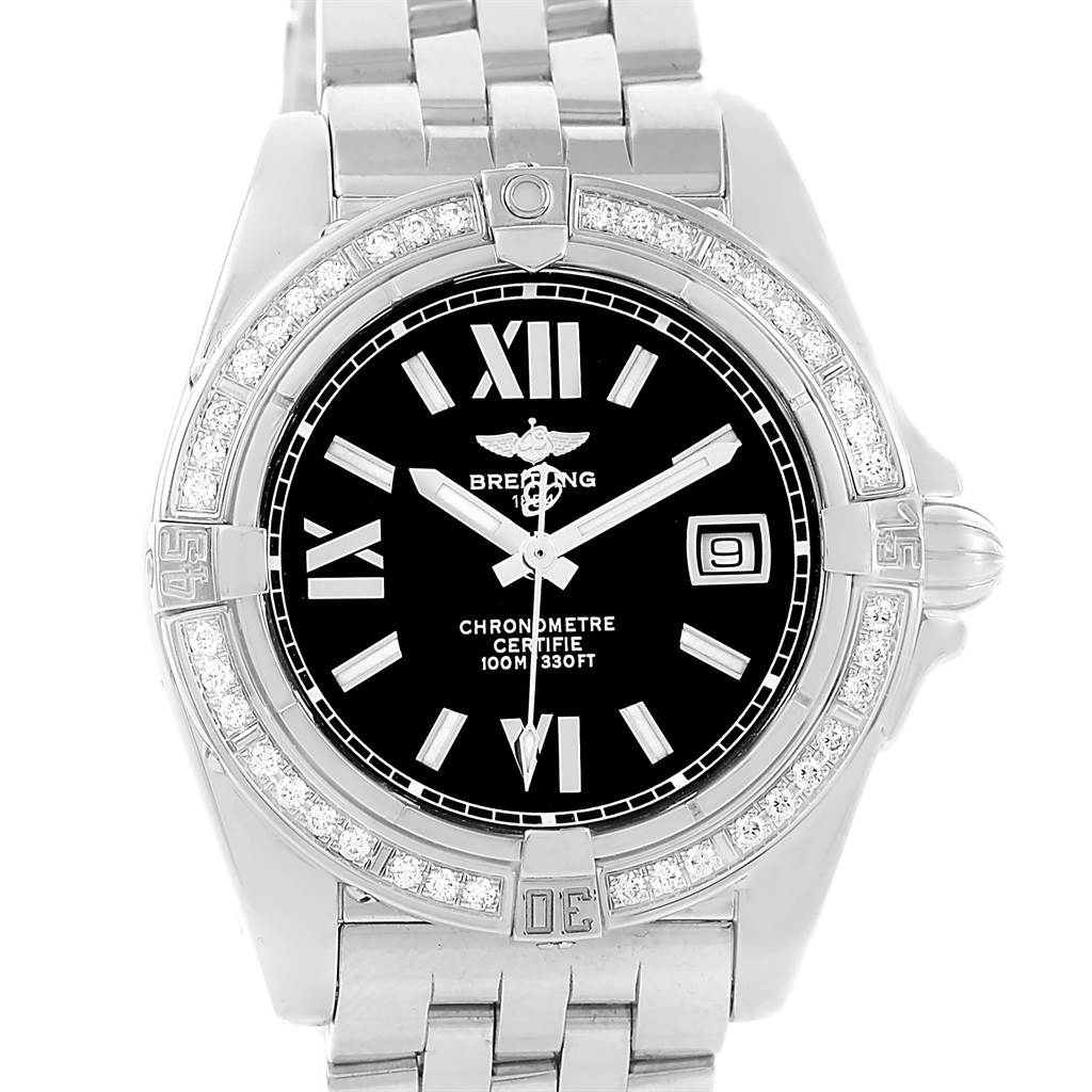 The image shows a frontal view of the Breitling A71356 Women's Stainless Steel Black Dial A71356 Women's Stainless Steel Black Dial Cockpit Black Dial Steel Diamond Ladies Watch A71356.