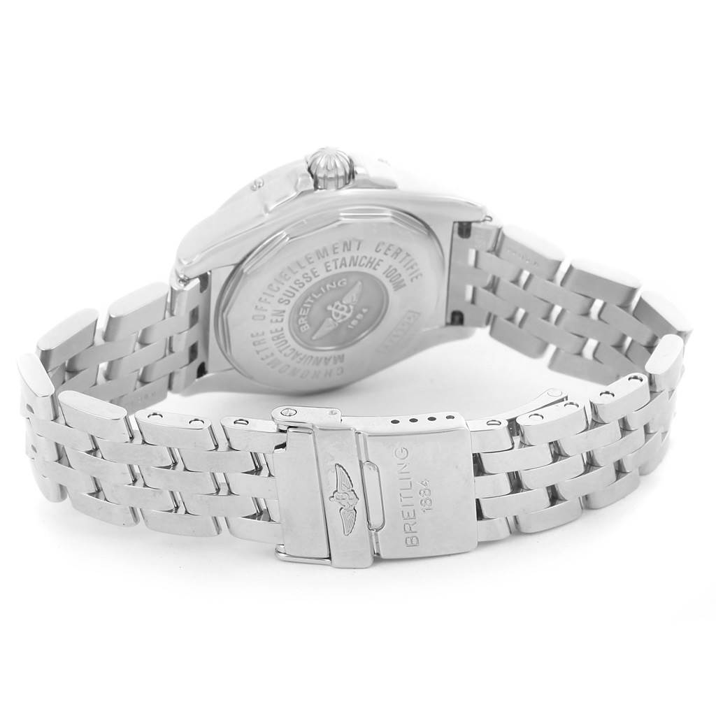 This image shows the back case and clasp of the Breitling A71356 Women's Stainless Steel Black Dial A71356 Women's Stainless Steel Black Dial Cockpit Black Dial Steel Diamond Ladies Watch A71356 model from a rear angle.