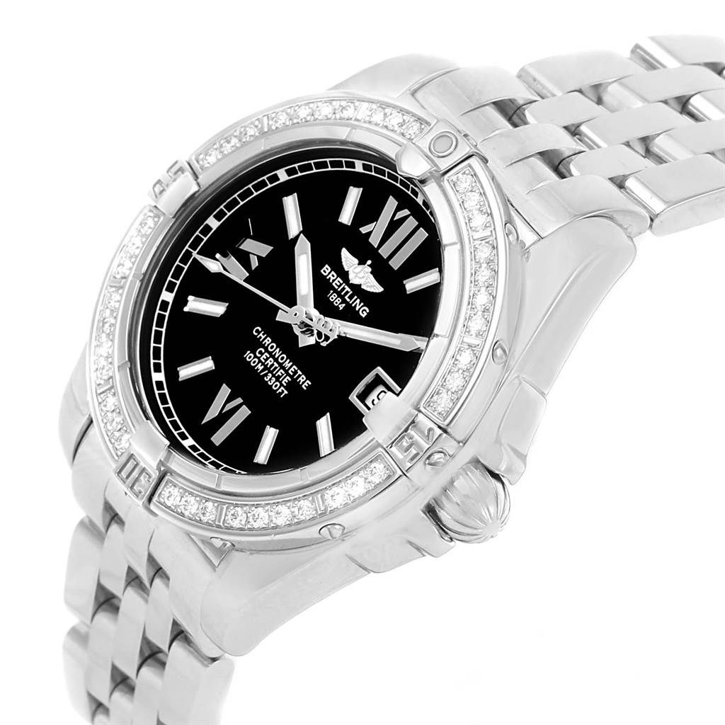 The image shows an angled close-up of the Breitling A71356 Women's Stainless Steel Black Dial A71356 Women's Stainless Steel Black Dial Cockpit Black Dial Steel Diamond Ladies Watch A71356, highlighting the dial and bracelet.
