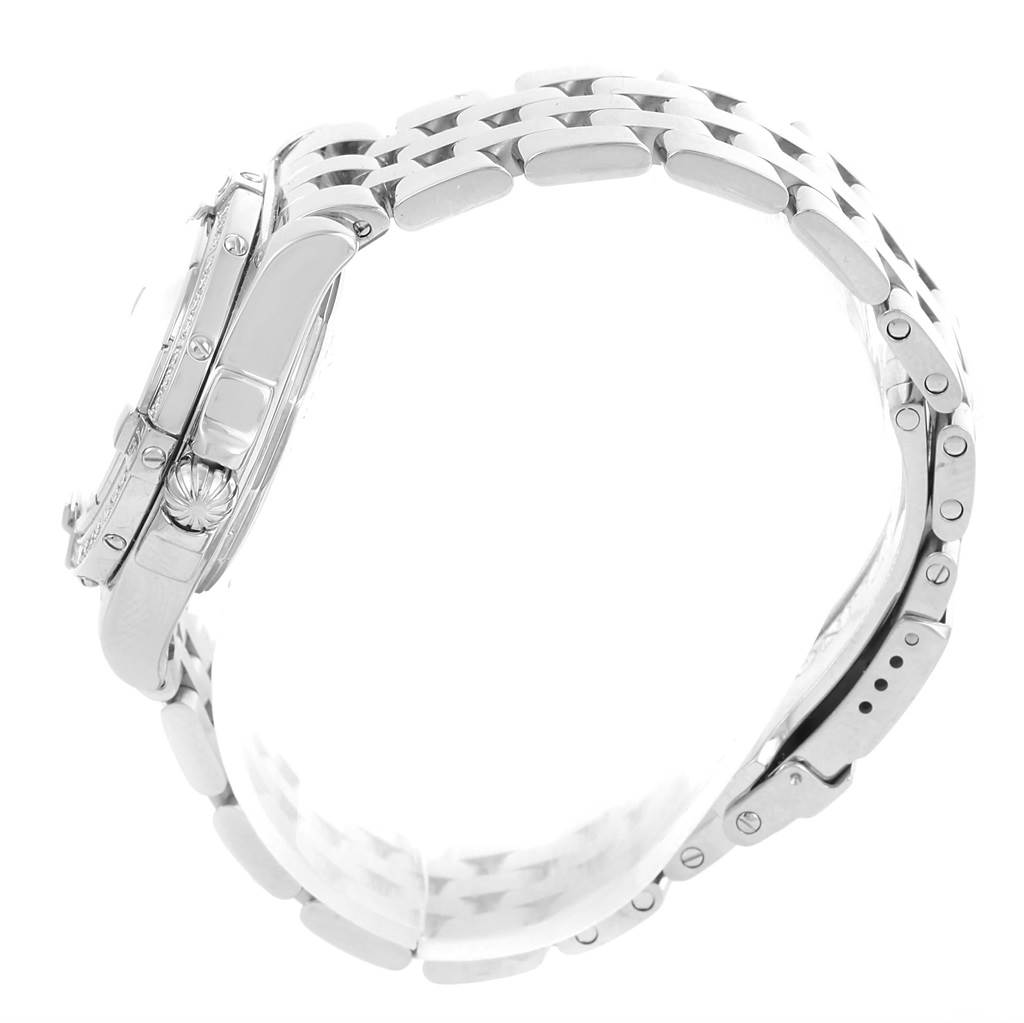 The image shows a side view of a Breitling A71356 Women's Stainless Steel Black Dial A71356 Women's Stainless Steel Black Dial Cockpit Black Dial Steel Diamond Ladies Watch A71356, focusing on the case, crown, and bracelet.