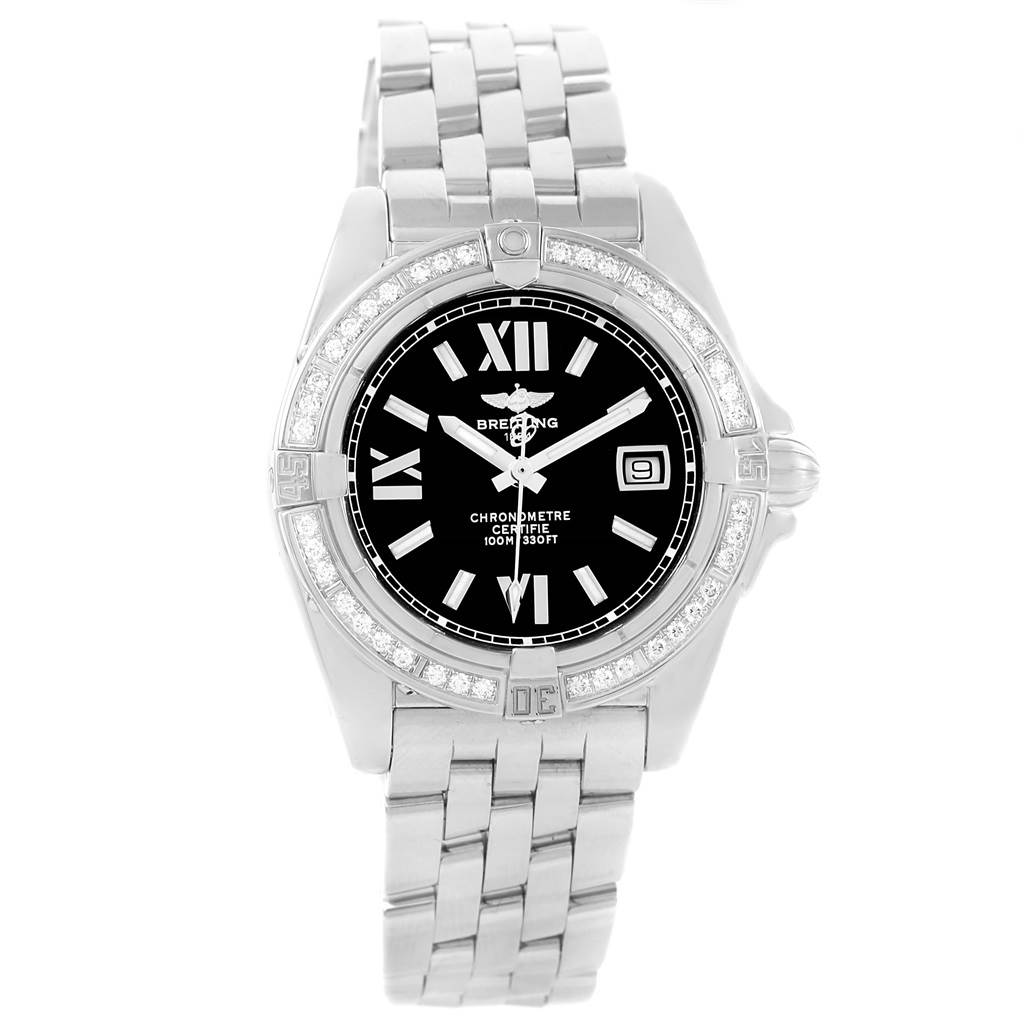 The image shows a frontal view of the Breitling A71356 Women's Stainless Steel Black Dial A71356 Women's Stainless Steel Black Dial Cockpit Black Dial Steel Diamond Ladies Watch A71356 model.