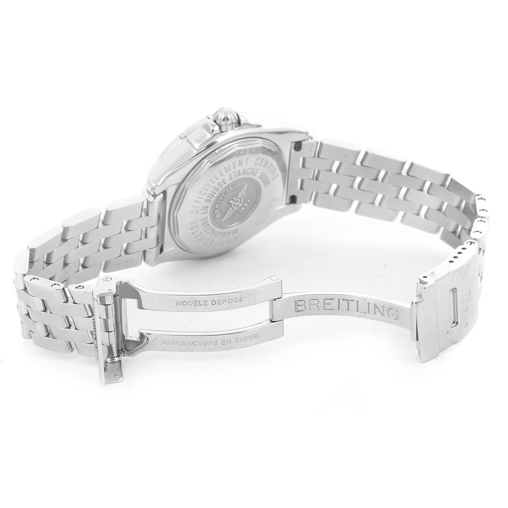 The image shows the back and bracelet of the Breitling A71356 Women's Stainless Steel Black Dial A71356 Women's Stainless Steel Black Dial Cockpit Black Dial Steel Diamond Ladies Watch A71356, visibly opened at the clasp.