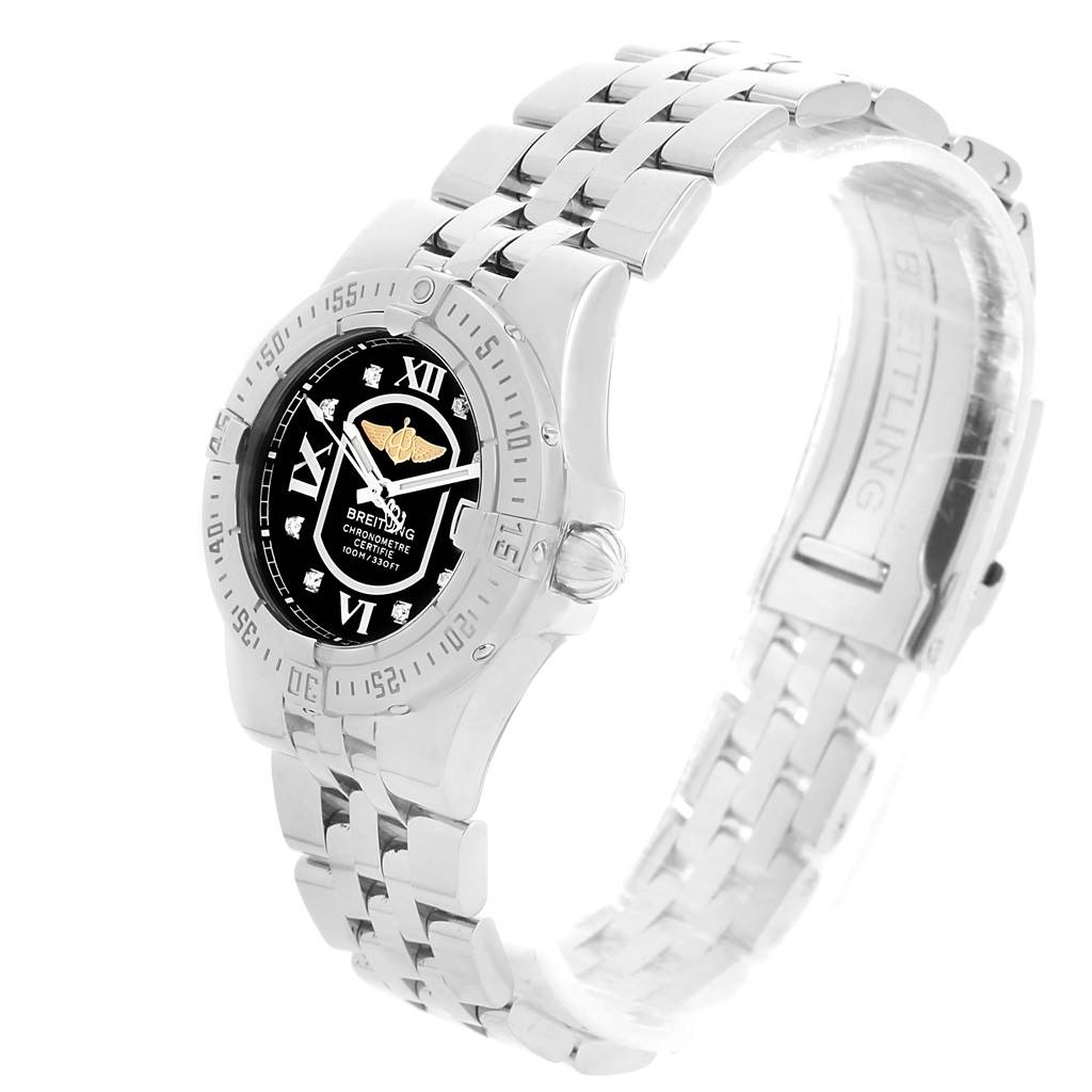 This is a side angle view of the Breitling A71340 Women's Stainless Steel Black Dial A71340 Women's Stainless Steel Black Dial Starliner A71340 Ladies Watch, showing the black diamond dial and steel bracelet.