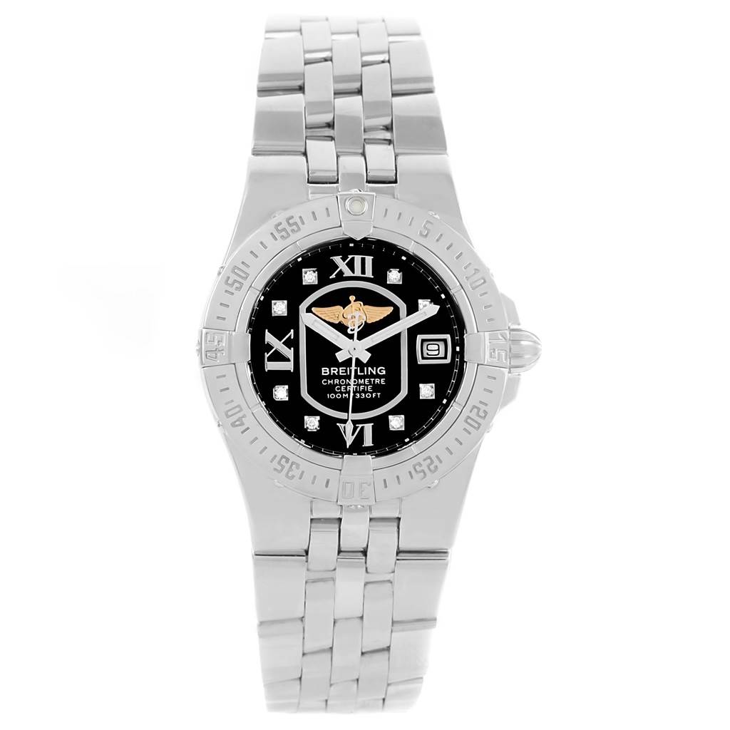 The image shows a front view of the Breitling A71340 Women's Stainless Steel Black Dial A71340 Women's Stainless Steel Black Dial Starliner A71340 Black Diamond Dial Steel Ladies Watch, displaying its face and bracelet.