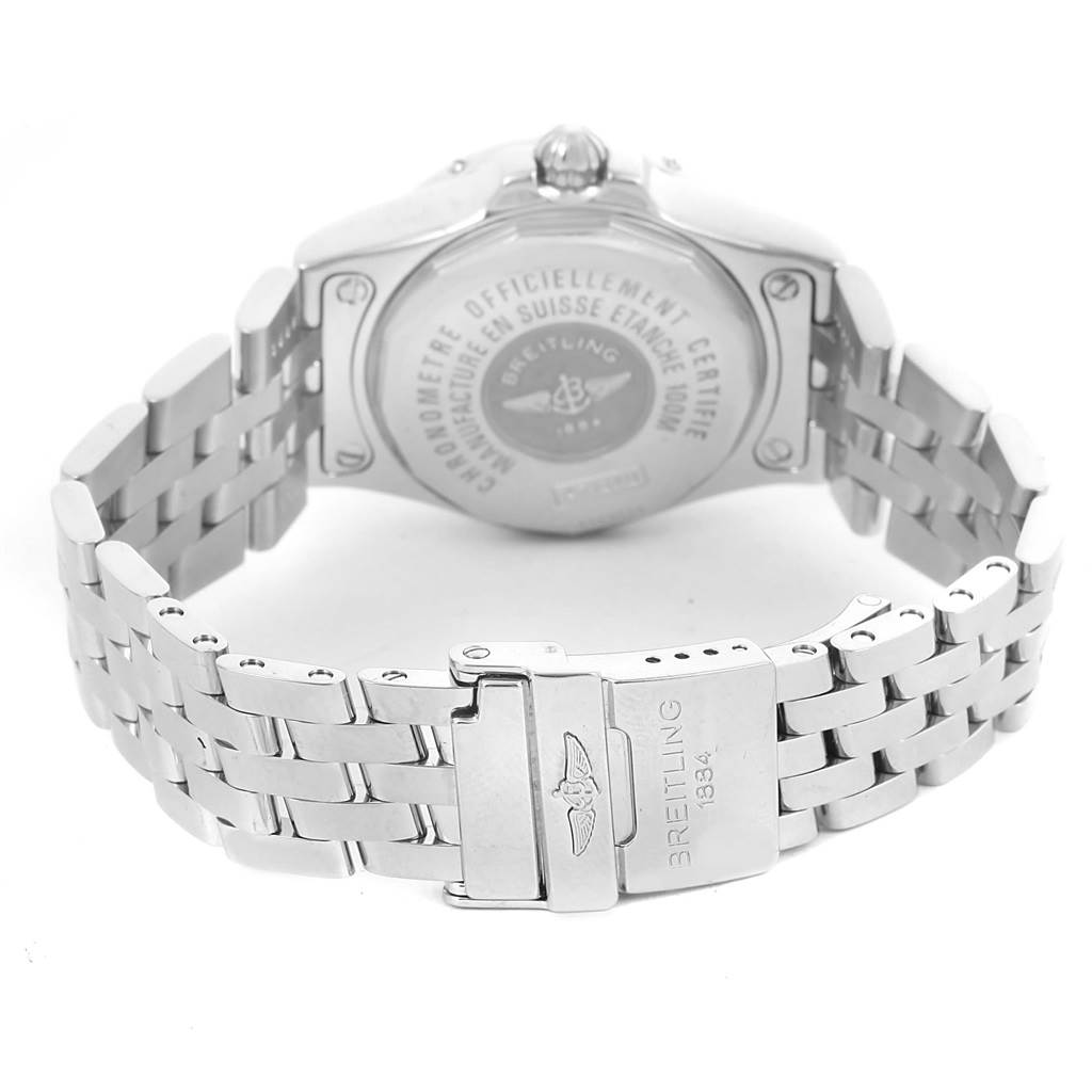 The image shows the back case and clasp of a Breitling A71340 Women's Stainless Steel Black Dial A71340 Women's Stainless Steel Black Dial Starliner Black Diamond Dial Steel Ladies Watch A71340.