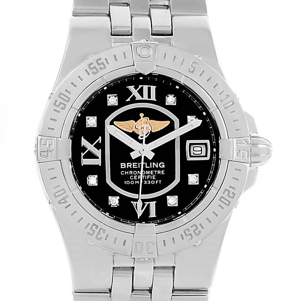 This image shows a frontal view of the Breitling A71340 Women's Stainless Steel Black Dial A71340 Women's Stainless Steel Black Dial Starliner Black Diamond Dial Steel Ladies Watch A71340 model.