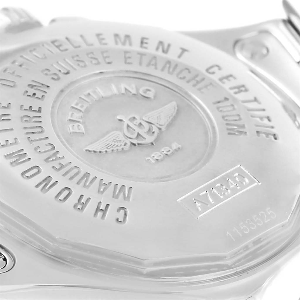 This image shows the back case of the Breitling A71340 Women's Stainless Steel Black Dial A71340 Women's Stainless Steel Black Dial Starliner Black Diamond Dial Steel Ladies Watch A71340, highlighting inscriptions and the model number.