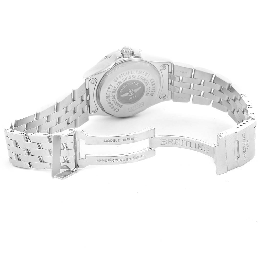 The image shows the back and partially opened clasp of the Breitling A71340 Women's Stainless Steel Black Dial A71340 Women's Stainless Steel Black Dial Starliner Black Diamond Dial Steel Ladies Watch A71340 model.