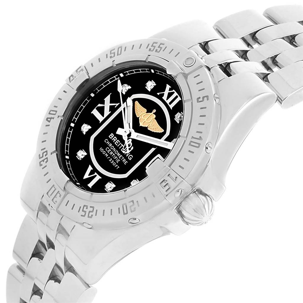 The image shows a close-up angled view of the Breitling A71340 Women's Stainless Steel Black Dial A71340 Women's Stainless Steel Black Dial Starliner A71340 Black Diamond Dial Steel Ladies Watch, highlighting the dial and bracelet.