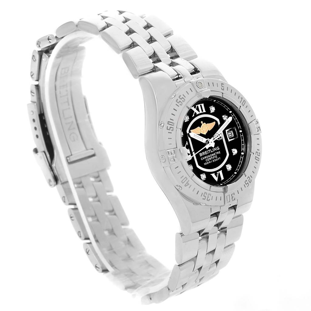 The Starliner Black Diamond Dial Steel Ladies Watch A71340 by Breitling A71340 Women's Stainless Steel Black Dial A71340 Women's Stainless Steel Black Dial is shown from a side angle, highlighting the bracelet and dial.