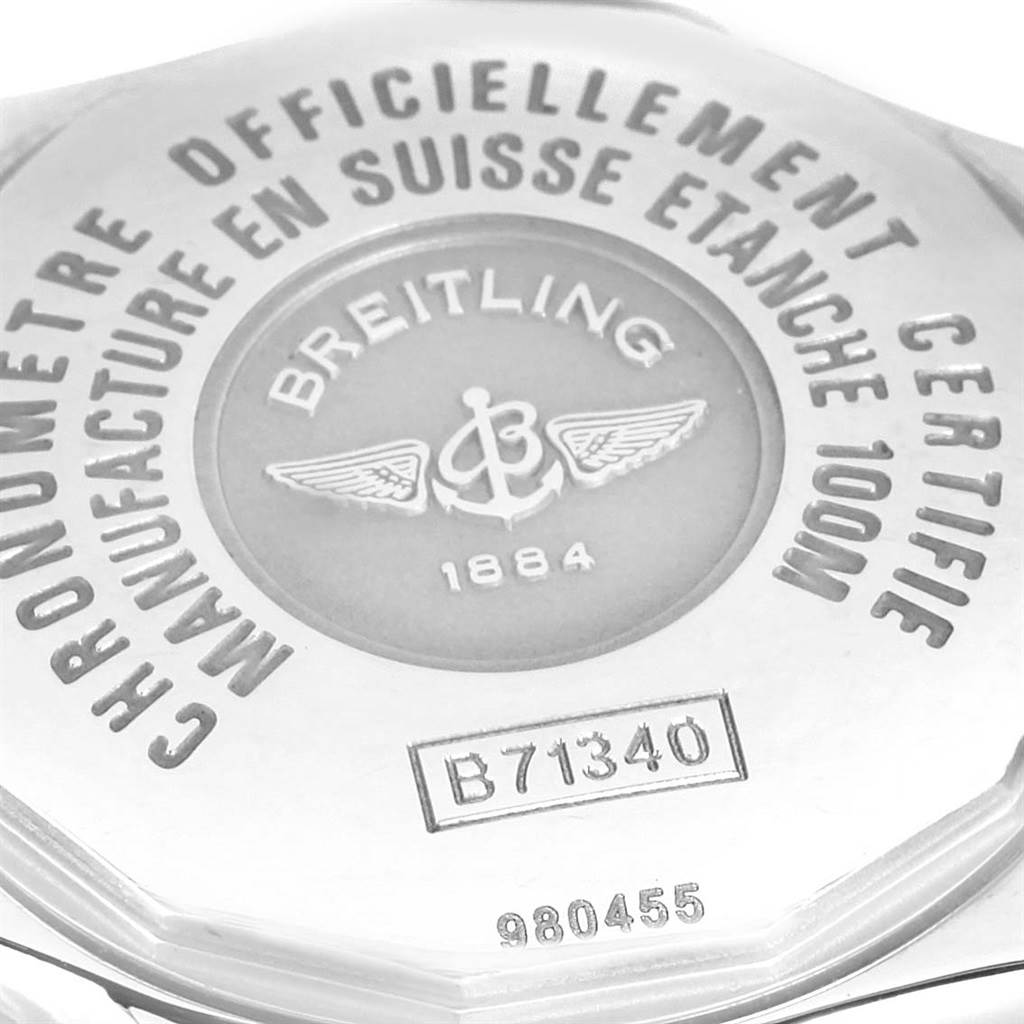 The image shows the back case of the Breitling B71340 Women's Steel and Gold (two tone) Mother of Pearl Dial B71340 Women's Steel and Gold (two tone) Mother of Pearl Dial Starliner Steel 18K Yellow Gold MOP Dial Ladies Watch B71340, focusing on the engravings.