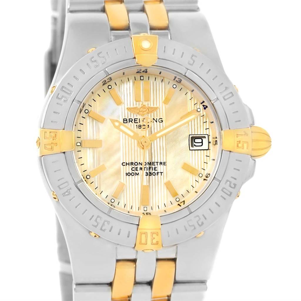 The image shows a frontal view of the Breitling B71340 Women's Steel and Gold (two tone) Mother of Pearl Dial B71340 Women's Steel and Gold (two tone) Mother of Pearl Dial Starliner Steel 18K Yellow Gold MOP Dial Ladies Watch B71340 model.