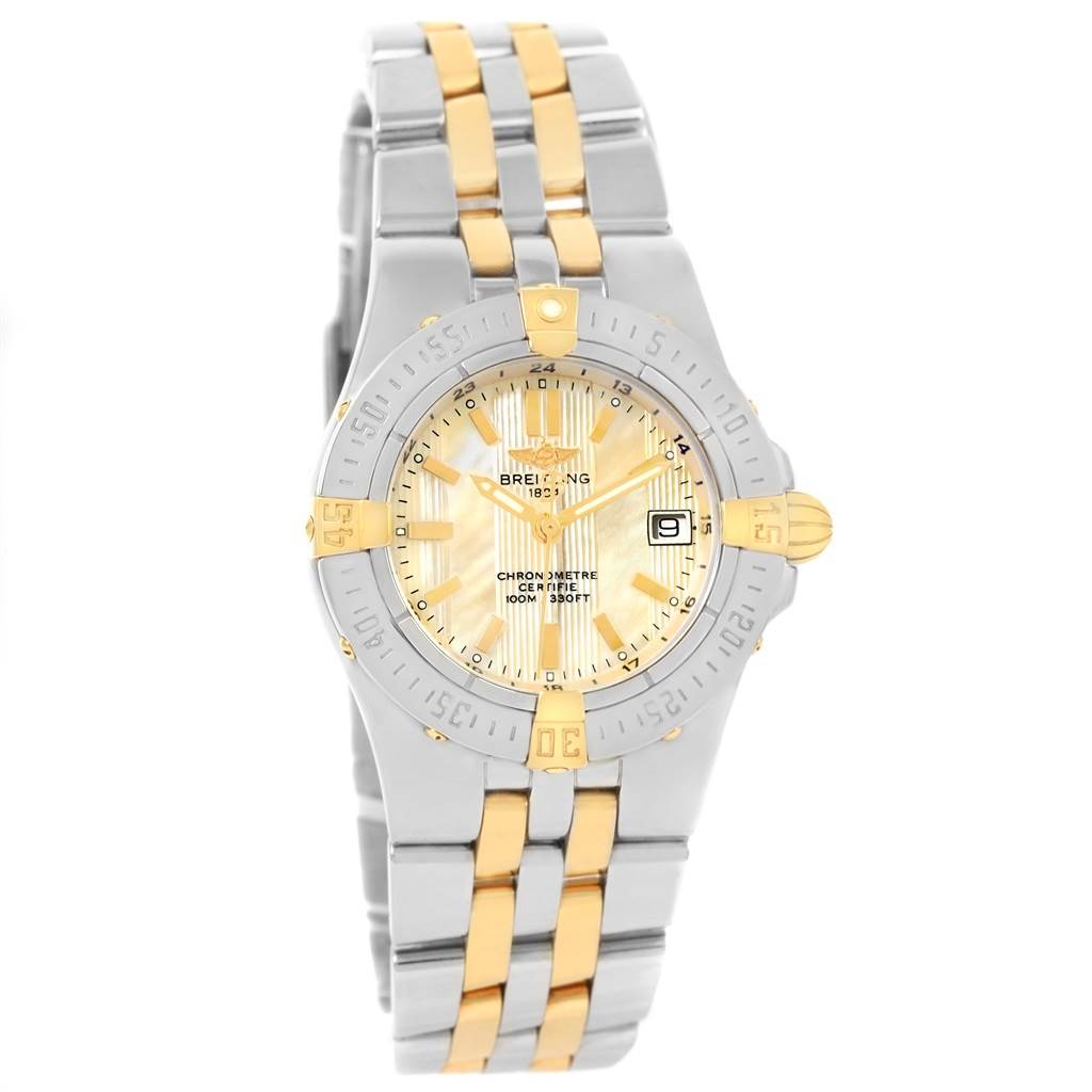 The image shows a front angle view of the Breitling B71340 Women's Steel and Gold (two tone) Mother of Pearl Dial B71340 Women's Steel and Gold (two tone) Mother of Pearl Dial Starliner Steel 18K Yellow Gold MOP Dial Ladies Watch B71340.