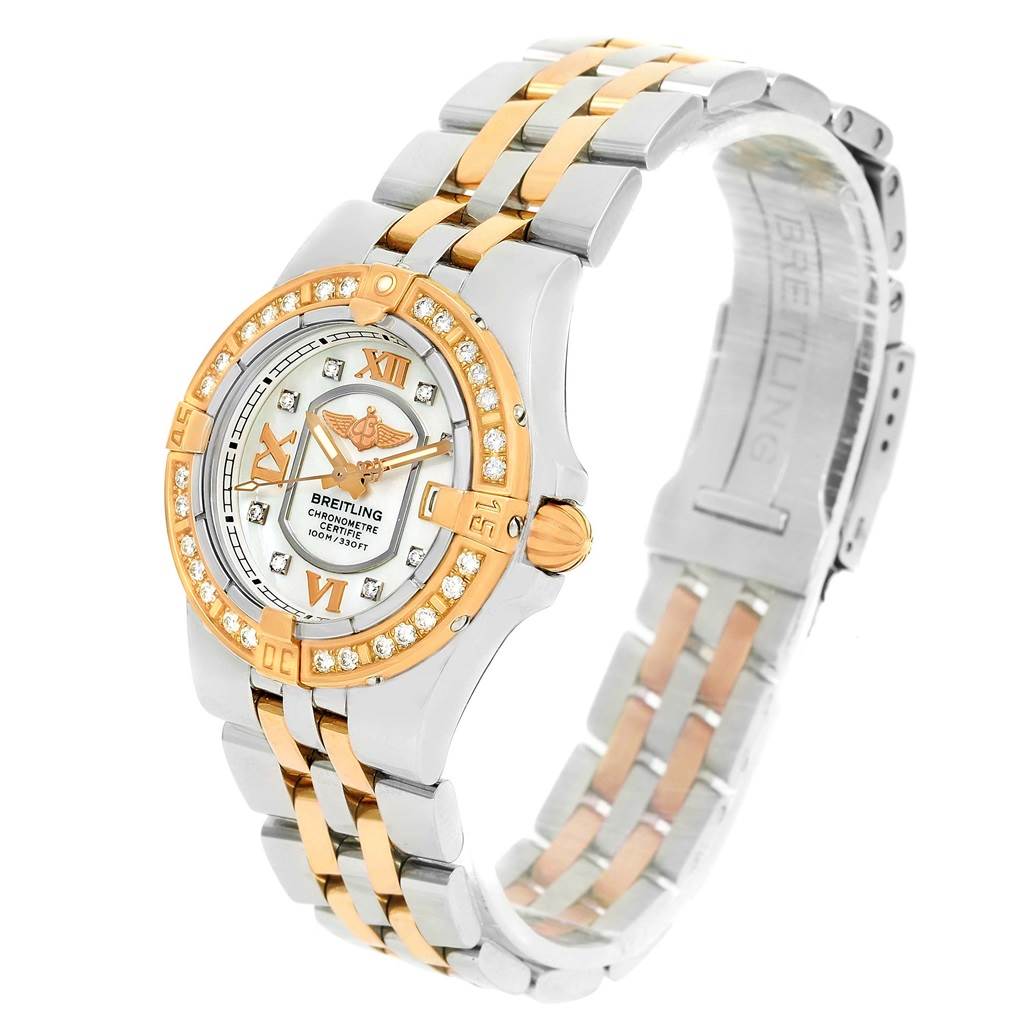 The image shows a Breitling C71340 Women's Steel and Gold (two tone) Mother of Pearl Dial C71340 Women's Steel and Gold (two tone) Mother of Pearl Dial Galactic 30 Ladies Steel 18K Rose Gold Diamond Watch C71340 angled to display the face, bezel, and part of the bracelet.