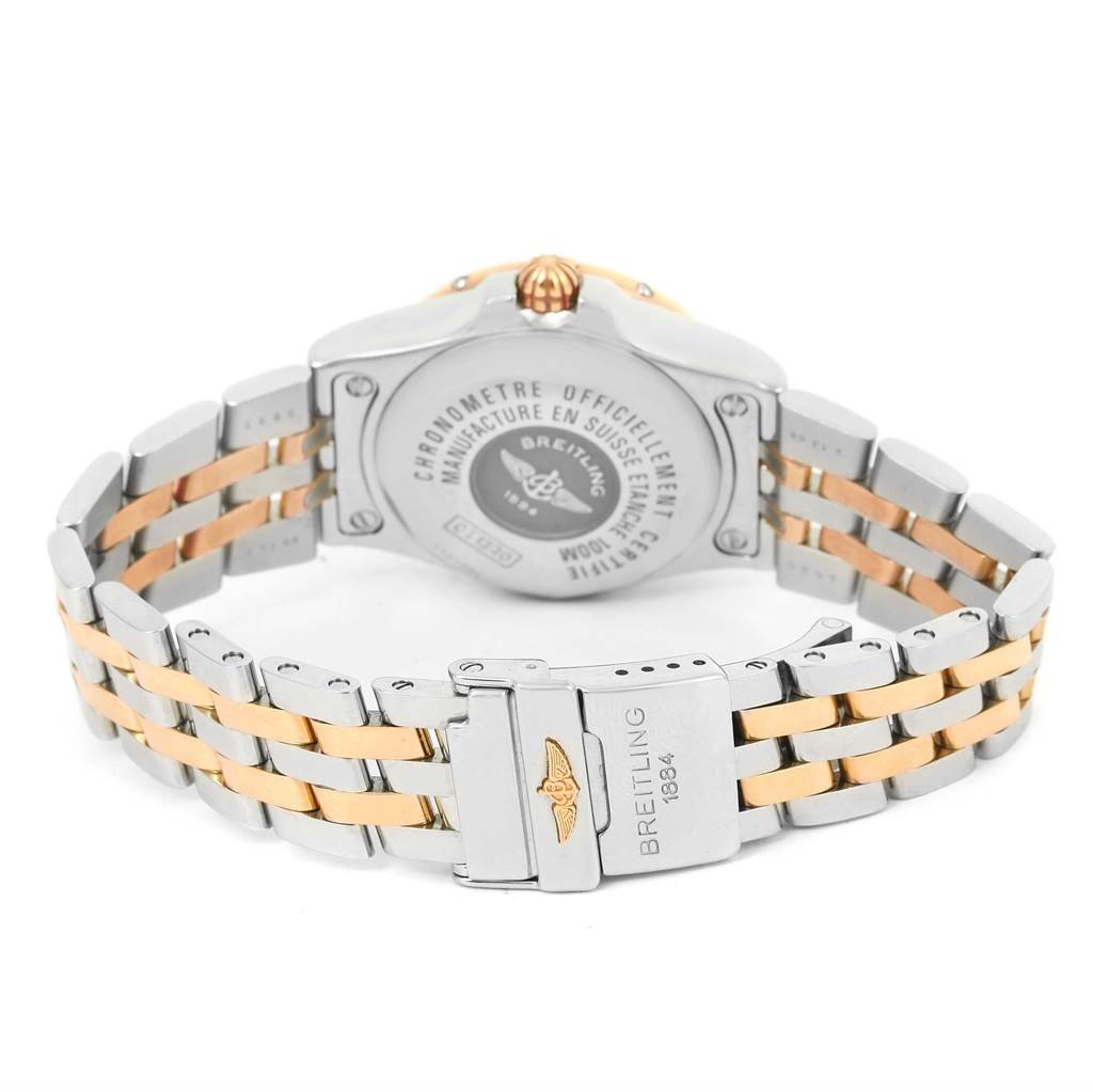The image shows the back of the case and bracelet clasp of the Breitling C71340 Women's Steel and Gold (two tone) Mother of Pearl Dial C71340 Women's Steel and Gold (two tone) Mother of Pearl Dial Galactic 30 Ladies Steel 18K Rose Gold Diamond Watch C71340.