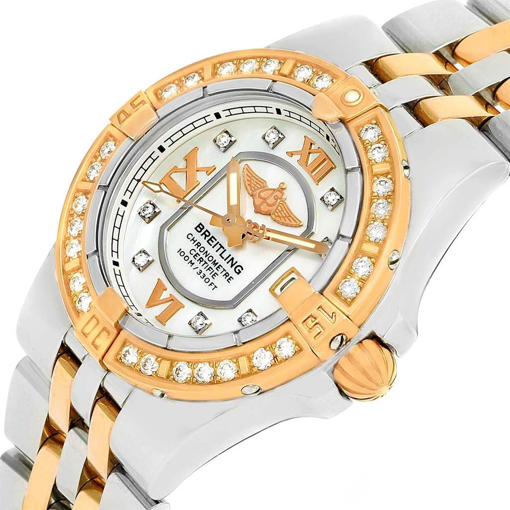 The Galactic 30 Ladies Steel 18K Rose Gold Diamond Watch C71340 by Breitling C71340 Women's Steel and Gold (two tone) Mother of Pearl Dial C71340 Women's Steel and Gold (two tone) Mother of Pearl Dial is shown at an angle displaying the face, bezel, and part of the bracelet.